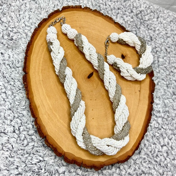 Gray and White Glass Bracelet Necklace Stainless Steel Sailor Nautical Chunky - Picture 1 of 5